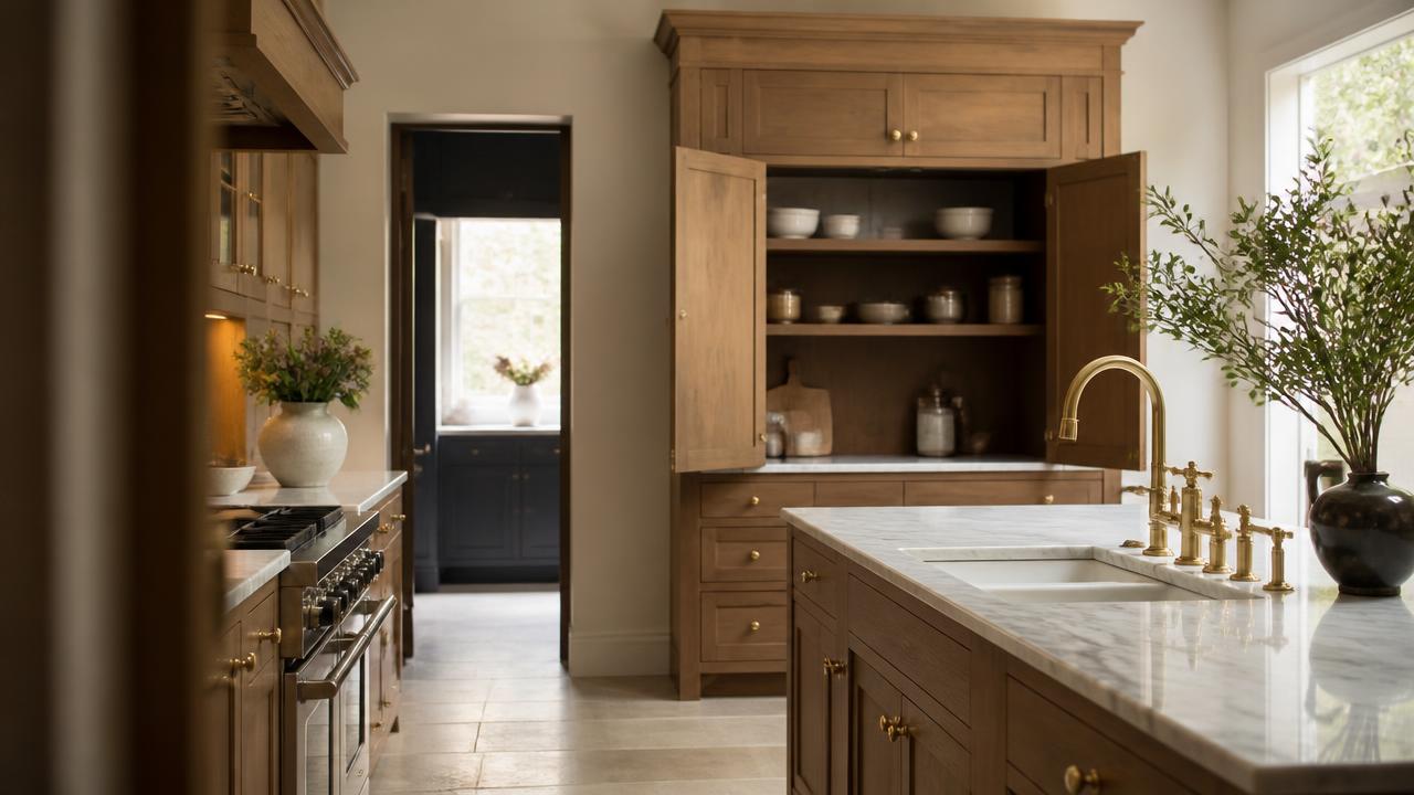 Bespoke handcrafted kitchen with timber cabinetry, marble surfaces and brass fixtures